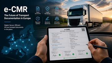 Chauffør bruger tablet med digitalt CMR-dokument, mens lastbiltransport er i gang i Europa, som repræsenterer moderne digitalisering af logistik