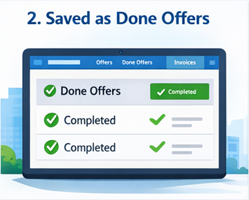 Brugerpanel, der viser gennemførte transportopgaver gemt som Afsluttede tilbud på ExusTrans